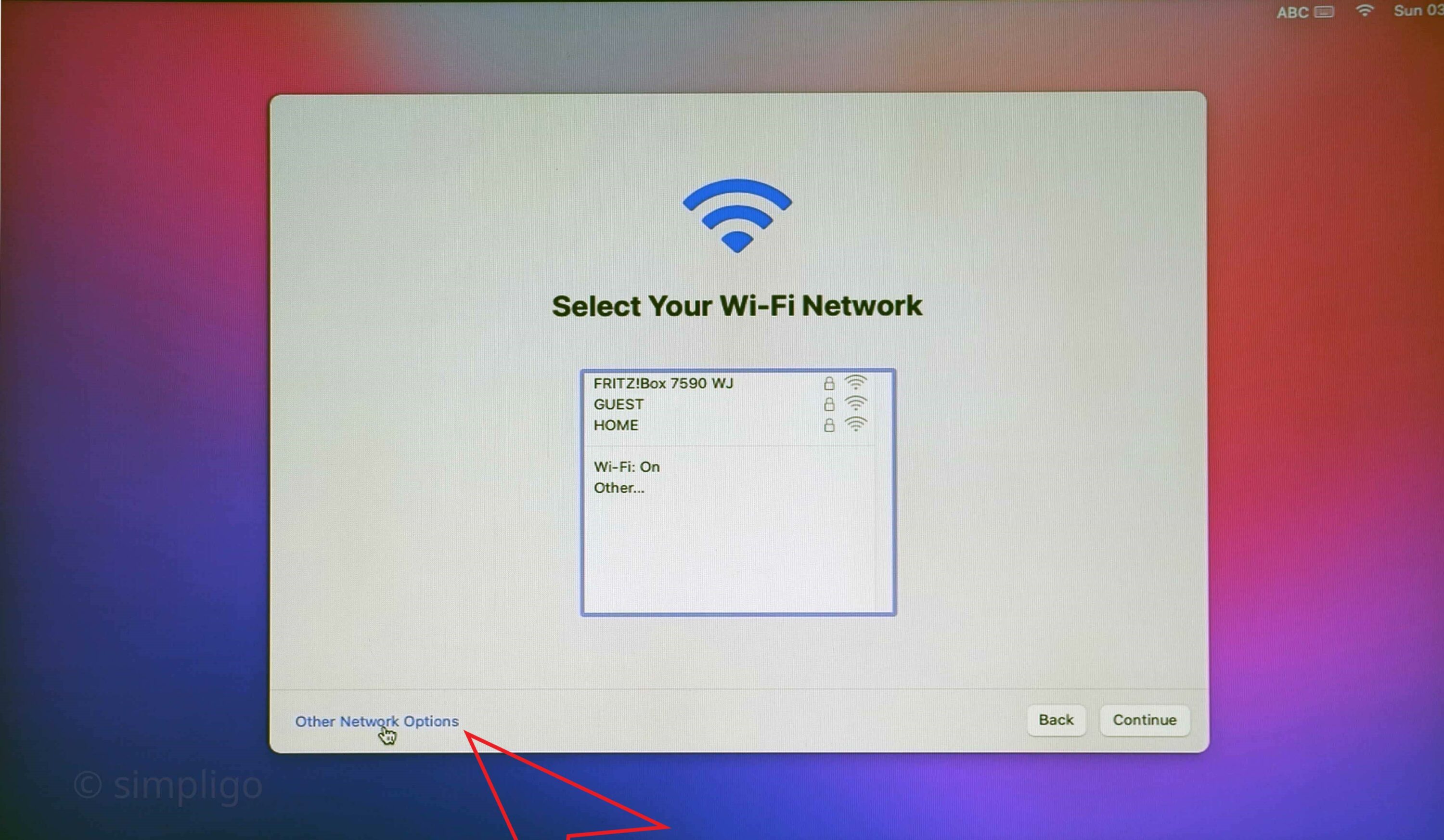 either choose your WiFi or keep using Ethernet by selecting Other Network Options on the lower left