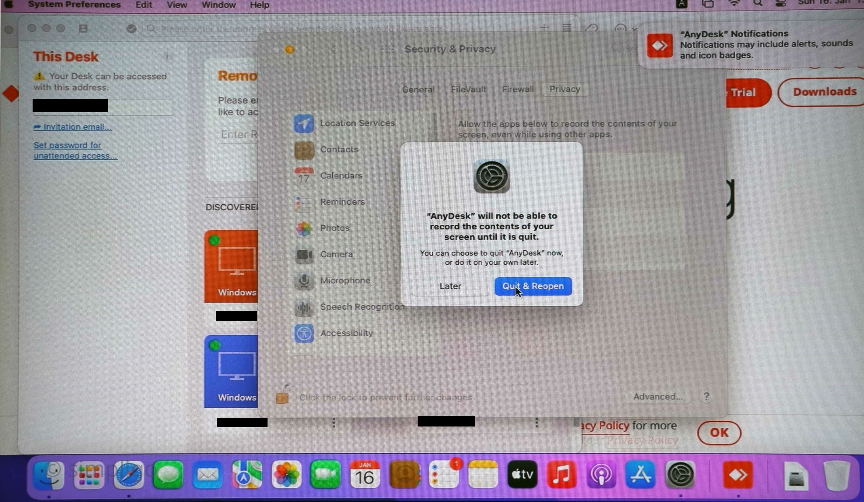 after assigning screen recording permissions AnyDesk has to restart, so select quit & reopen