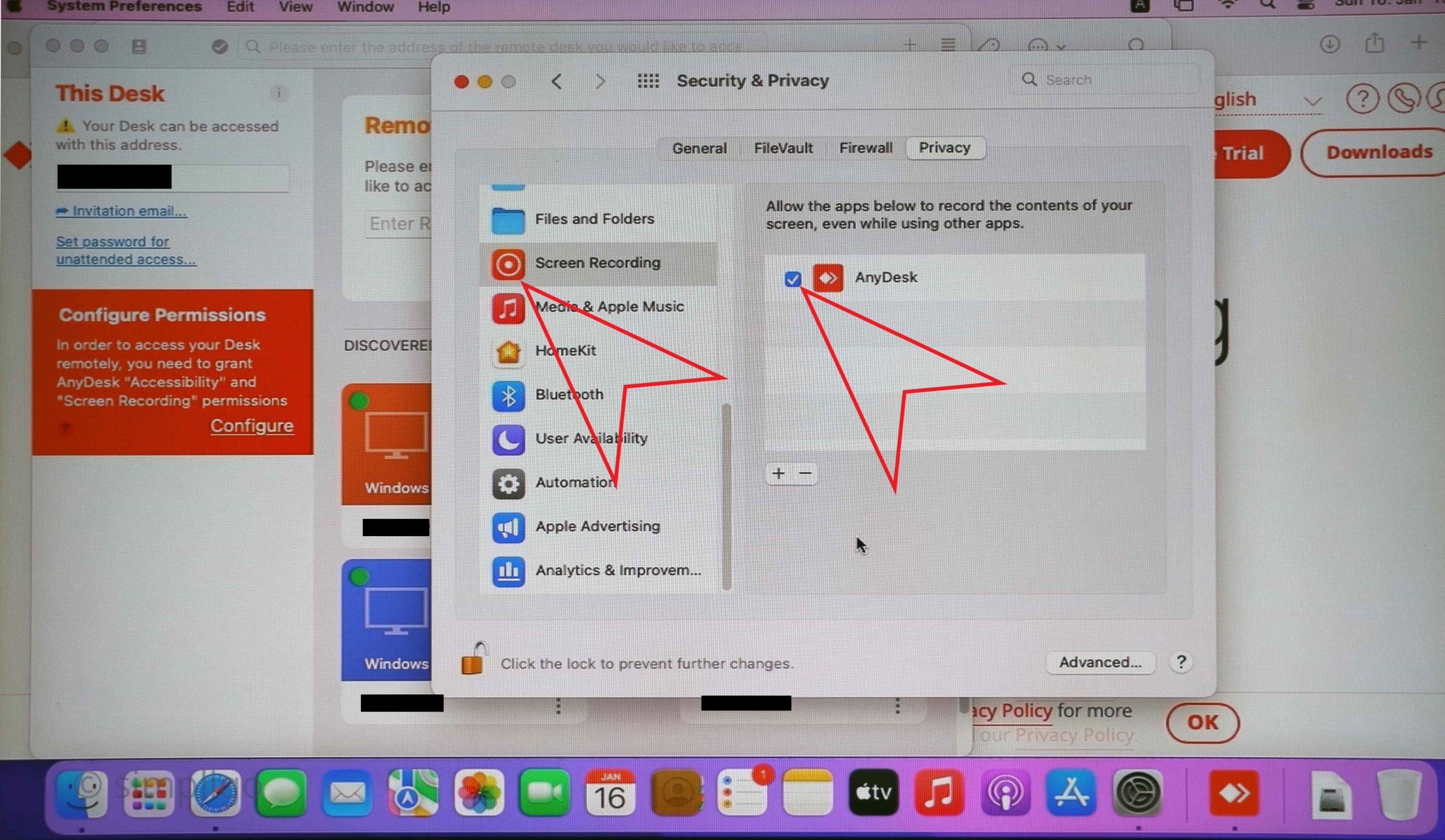 enable AnyDesk inside the Screen Recording section on the privacy tab