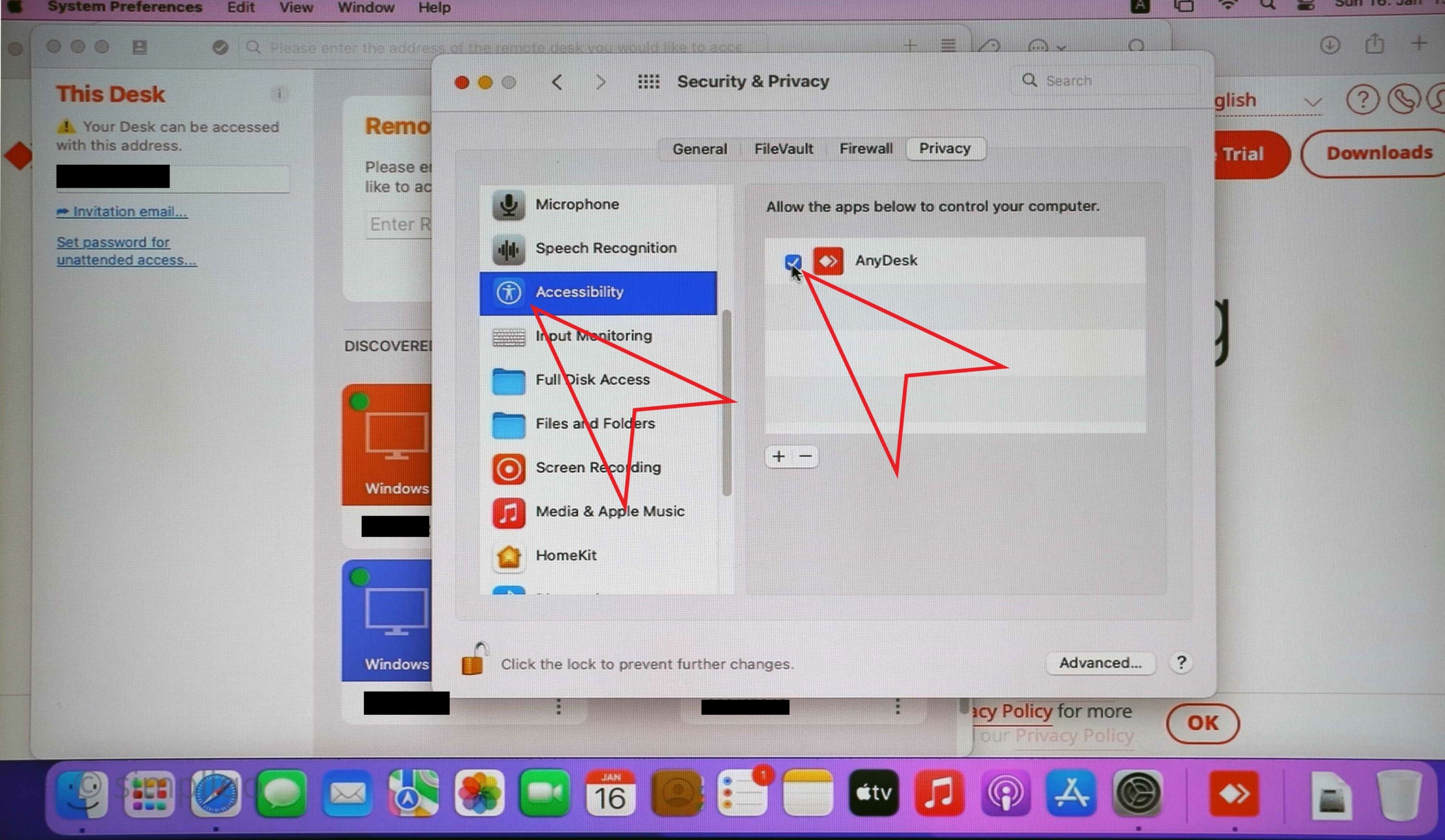 to be able to remotely control macOS you also need to assign Accessibility permissions to AnyDesk on the Privacy tab