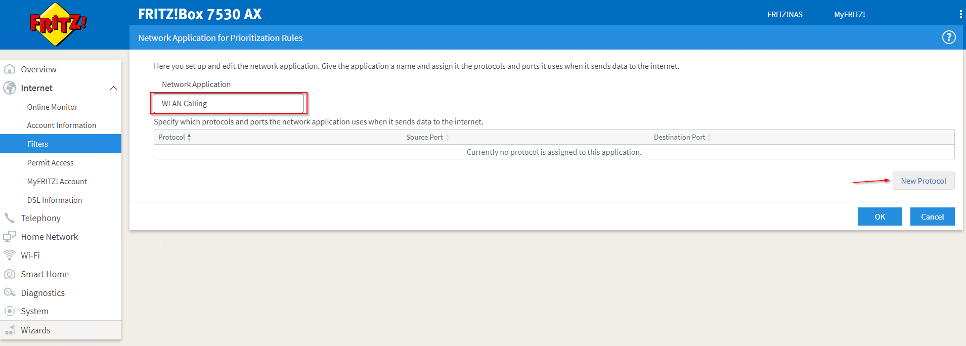 here we use the name 'WLAN Calling' for our first network application and afterwards we add a 'New Protocol'