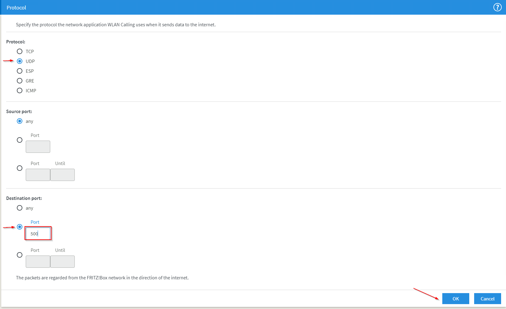 now we add protocol UDP and set destination port to 500