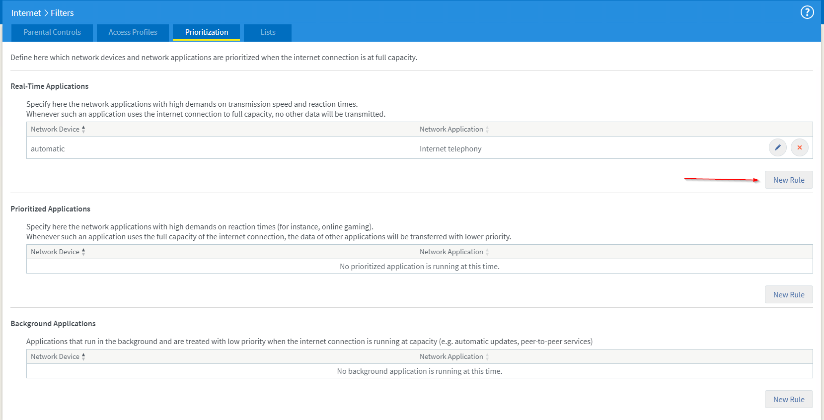 depending on traffic importance the application is now added to the corresponding section, for our WLAN calling we use real-time applications and click on 'New Rule' there