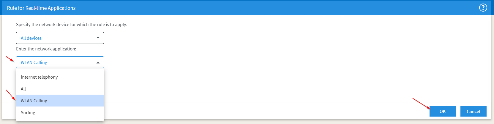 keep 'All devices' and set the Network Application field to WLAN Calling using the dropdown, finally hit OK