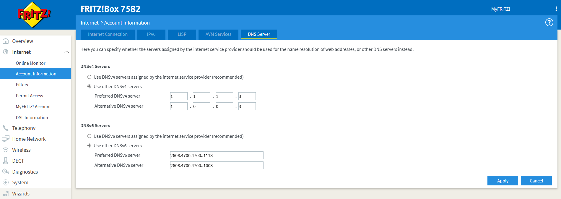 FRITZ!Box DNS settings for 1.1.1.1 for Families